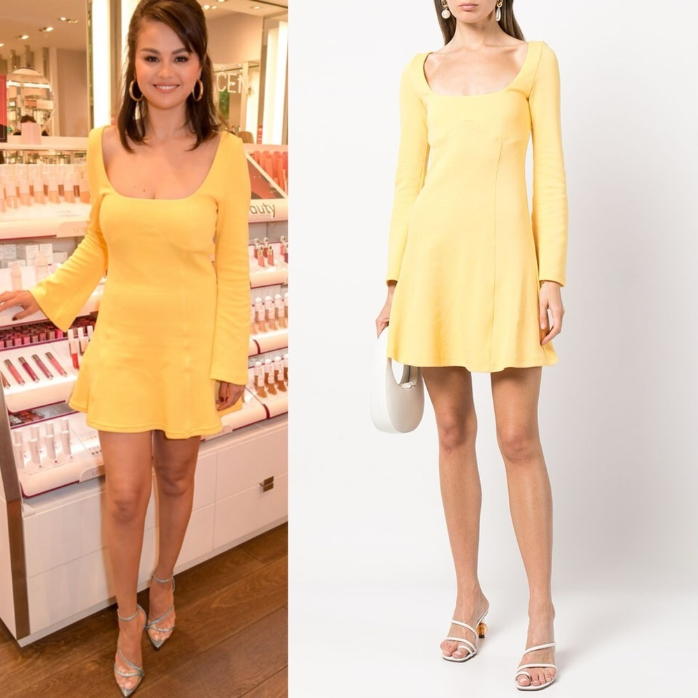 Victor Glemaud Women’s Butter Yellow Long Bell Sleeve Mini Dress as seen Selena